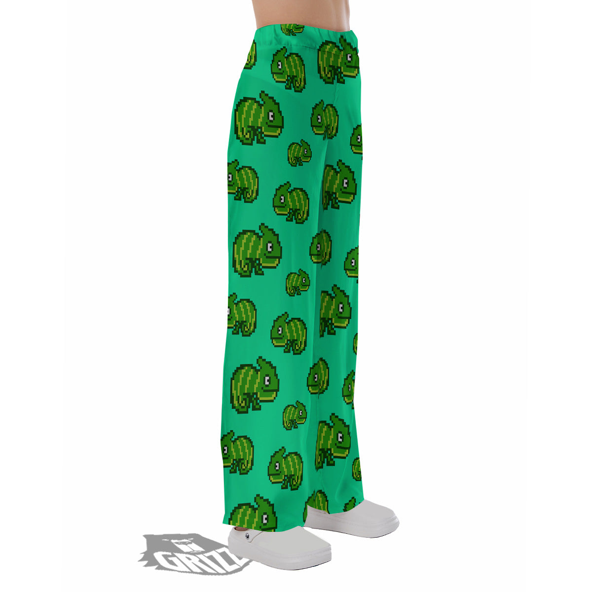 8 Bit Pixel Green Chameleons Print Pattern Pajama Pants-grizzshop