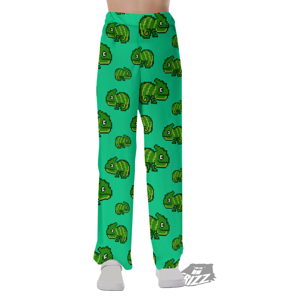 8 Bit Pixel Green Chameleons Print Pattern Pajama Pants-grizzshop