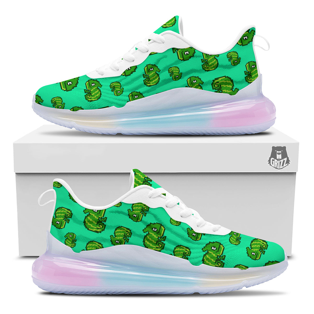 8 Bit Pixel Green Chameleons Print Pattern Running Sneakers-grizzshop