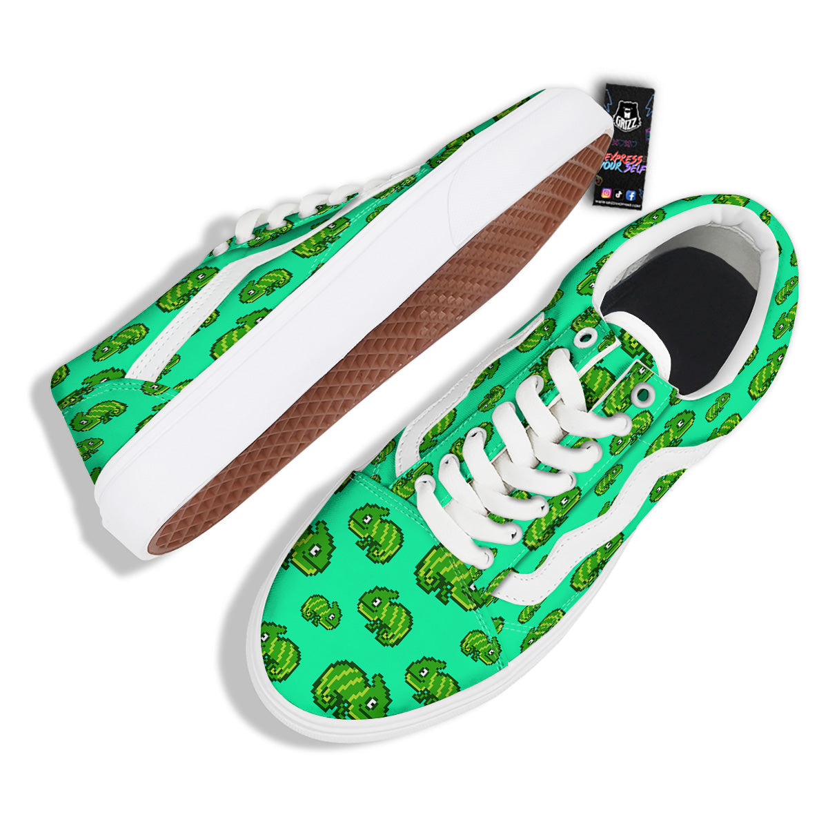 8 Bit Pixel Green Chameleons Print Pattern Skate Shoes-grizzshop