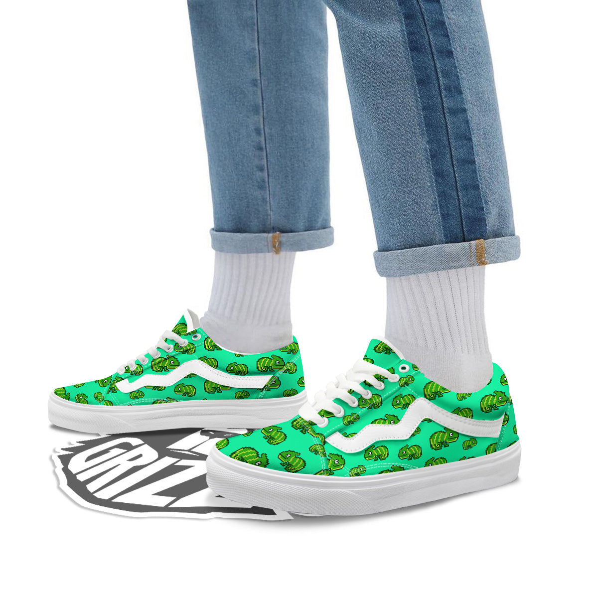 8 Bit Pixel Green Chameleons Print Pattern Skate Shoes-grizzshop