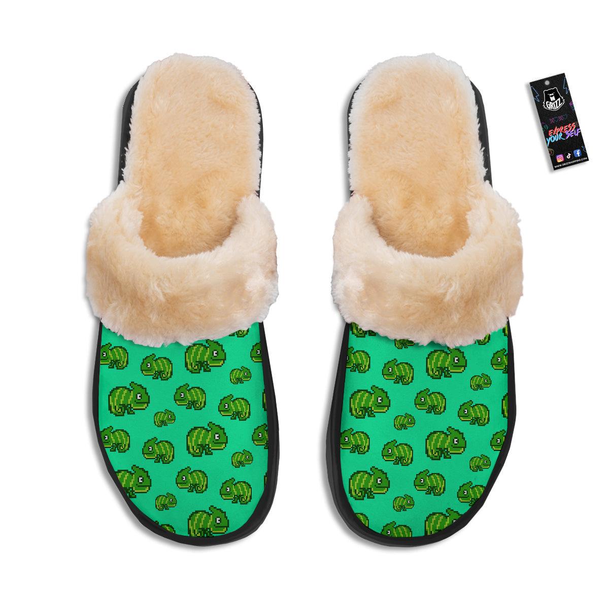 8 Bit Pixel Green Chameleons Print Pattern Slippers-grizzshop