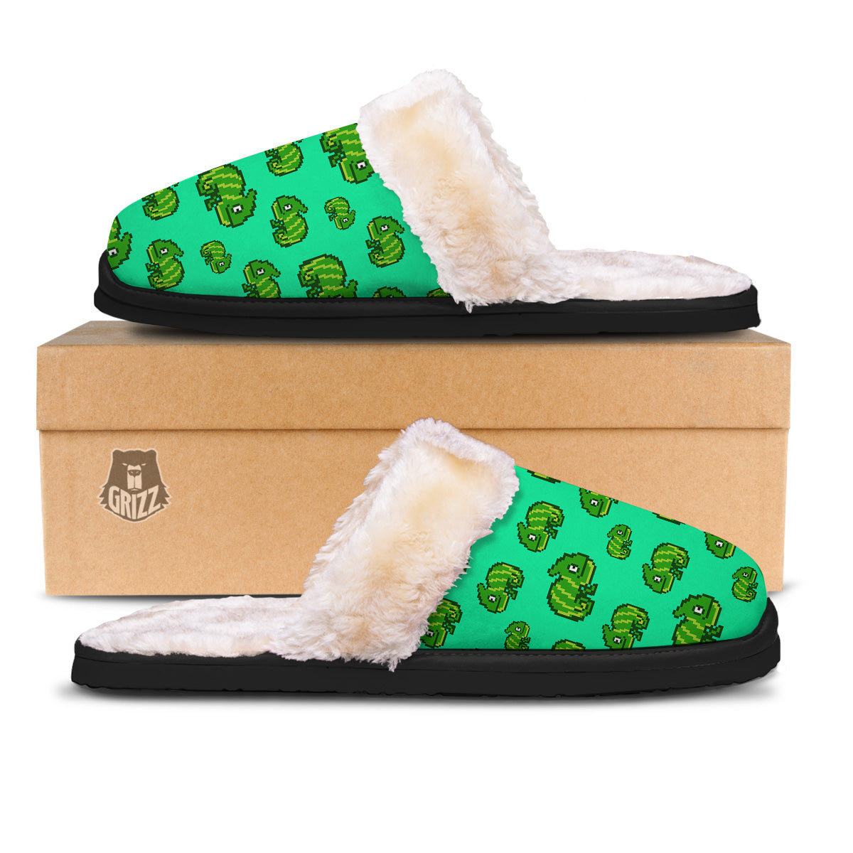 8 Bit Pixel Green Chameleons Print Pattern Slippers-grizzshop