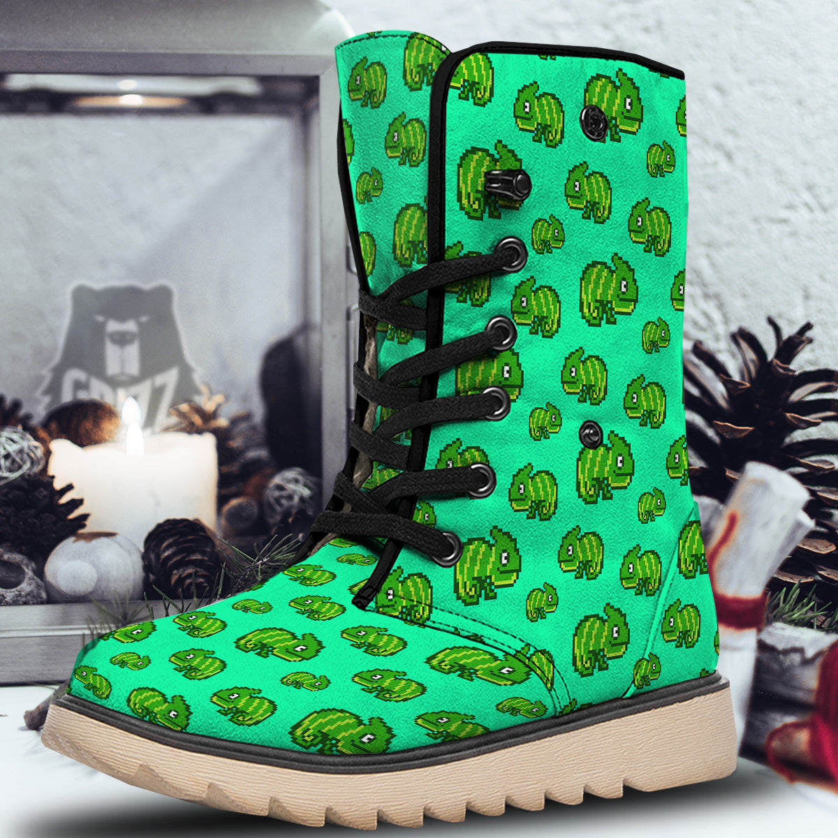 8 Bit Pixel Green Chameleons Print Pattern Snow Boots-grizzshop