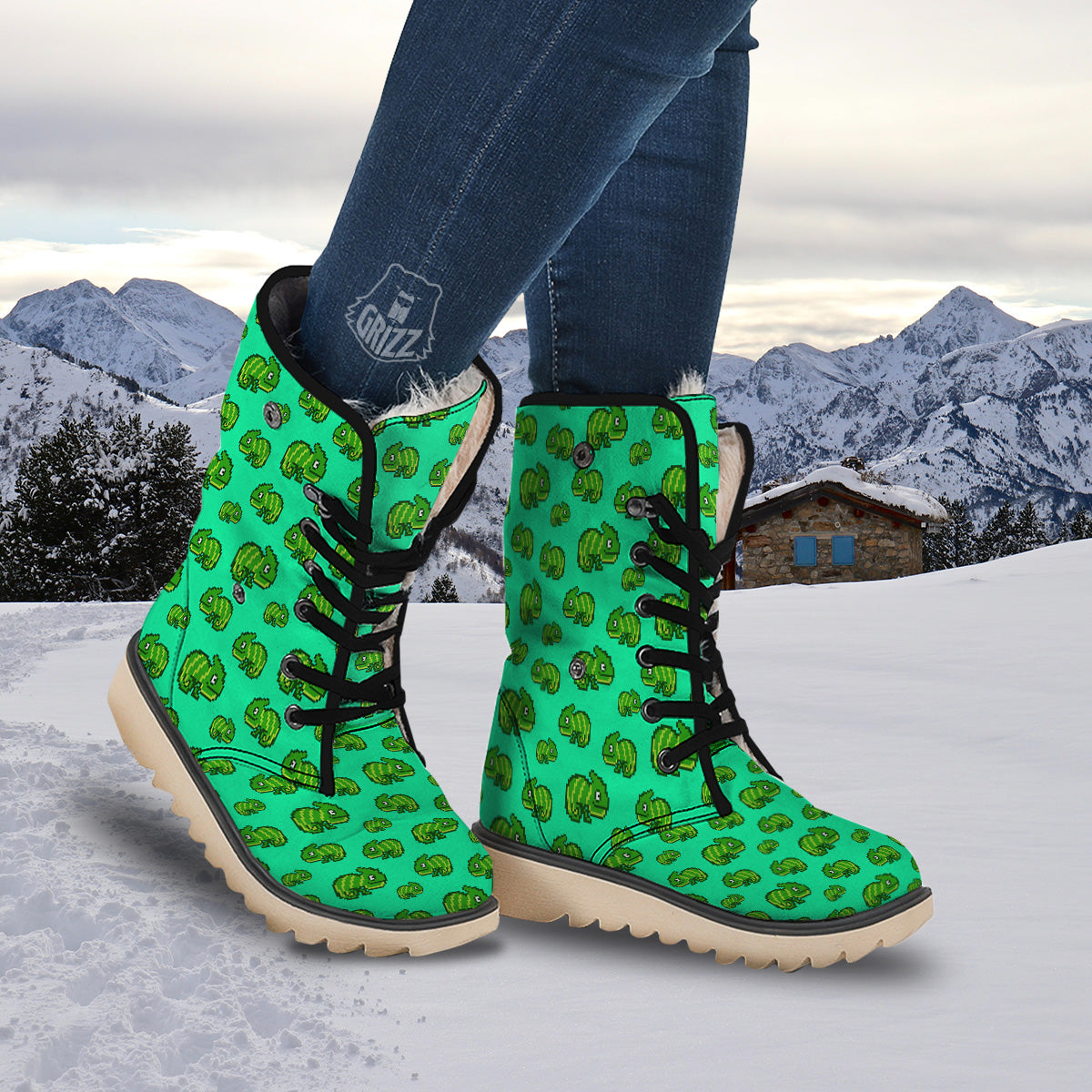 8 Bit Pixel Green Chameleons Print Pattern Snow Boots-grizzshop
