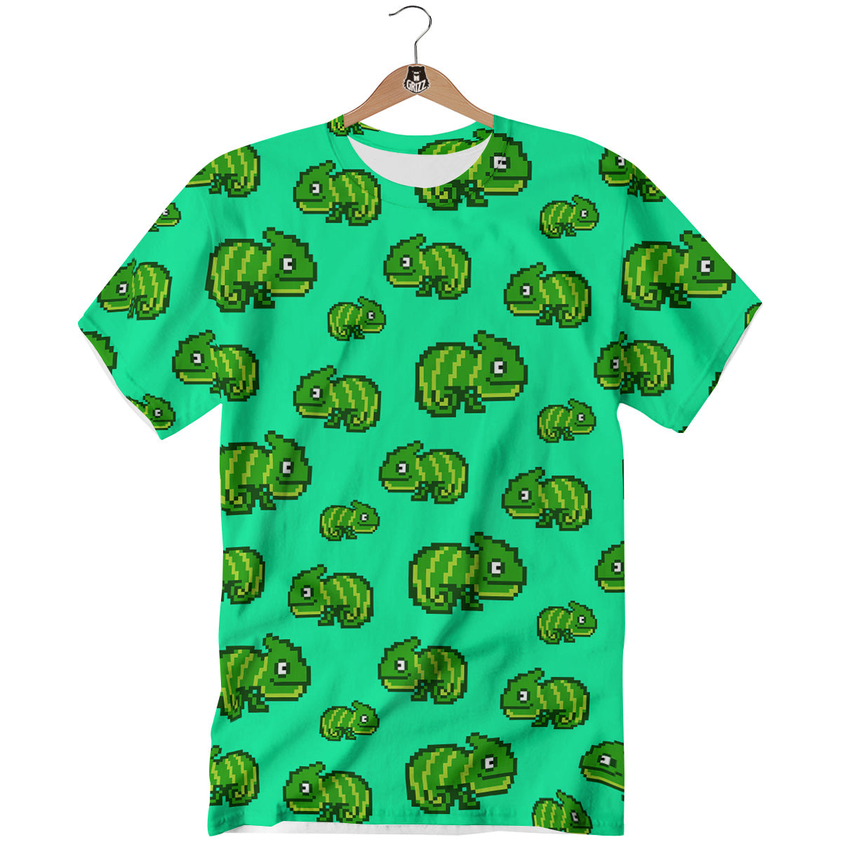 8 Bit Pixel Green Chameleons Print Pattern T-Shirt-grizzshop