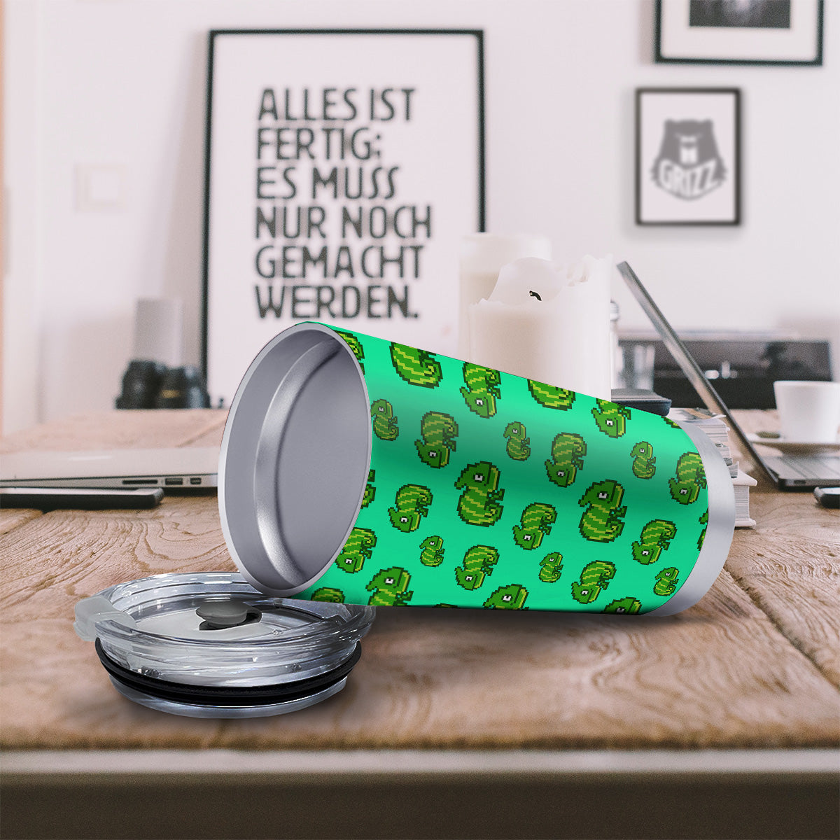 8 Bit Pixel Green Chameleons Print Pattern Tumbler-grizzshop
