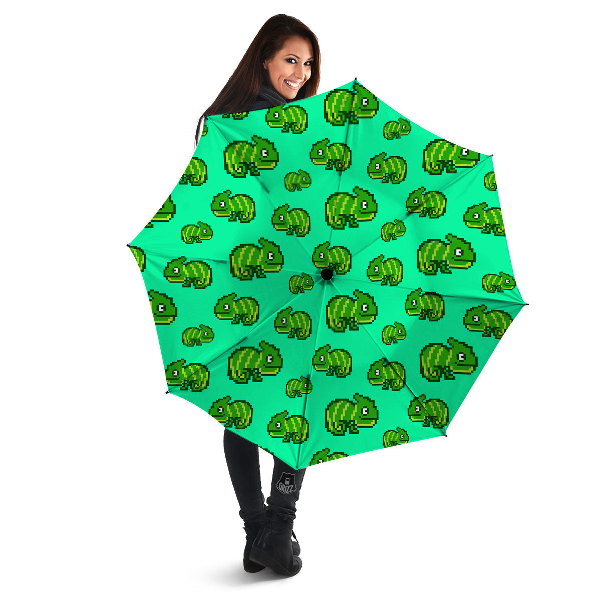 8 Bit Pixel Green Chameleons Print Pattern Umbrella-grizzshop