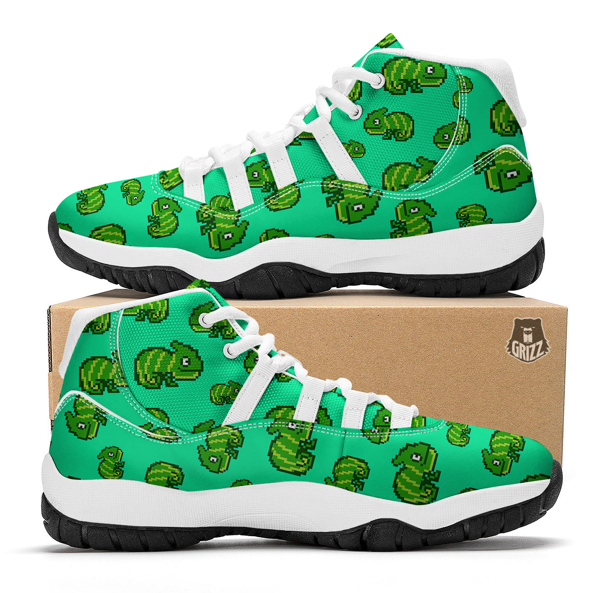 8 Bit Pixel Green Chameleons Print Pattern White Bball Shoes-grizzshop