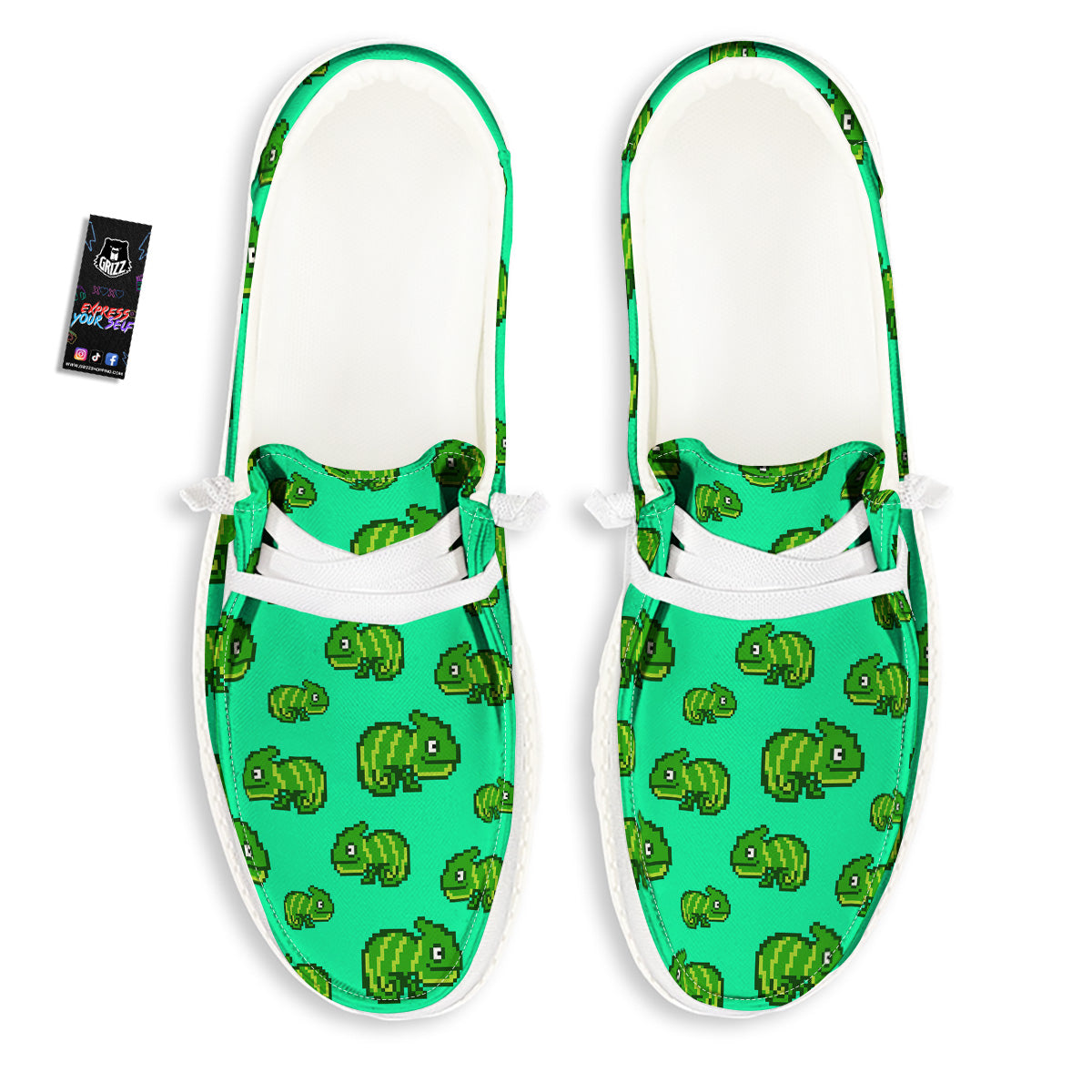 8 Bit Pixel Green Chameleons Print Pattern White Loafers-grizzshop
