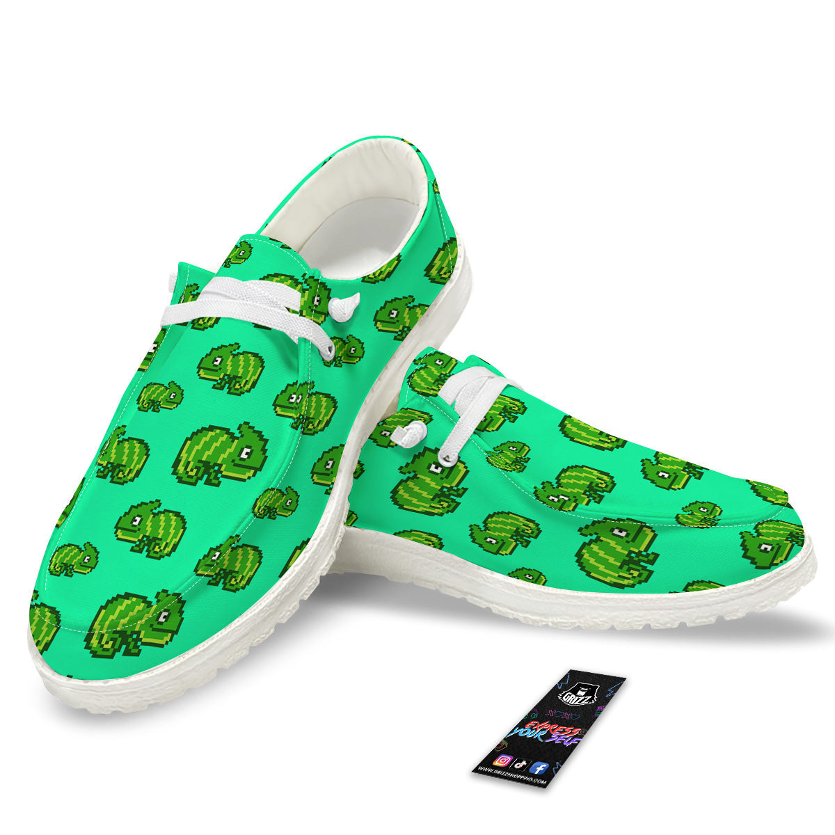 8 Bit Pixel Green Chameleons Print Pattern White Loafers-grizzshop