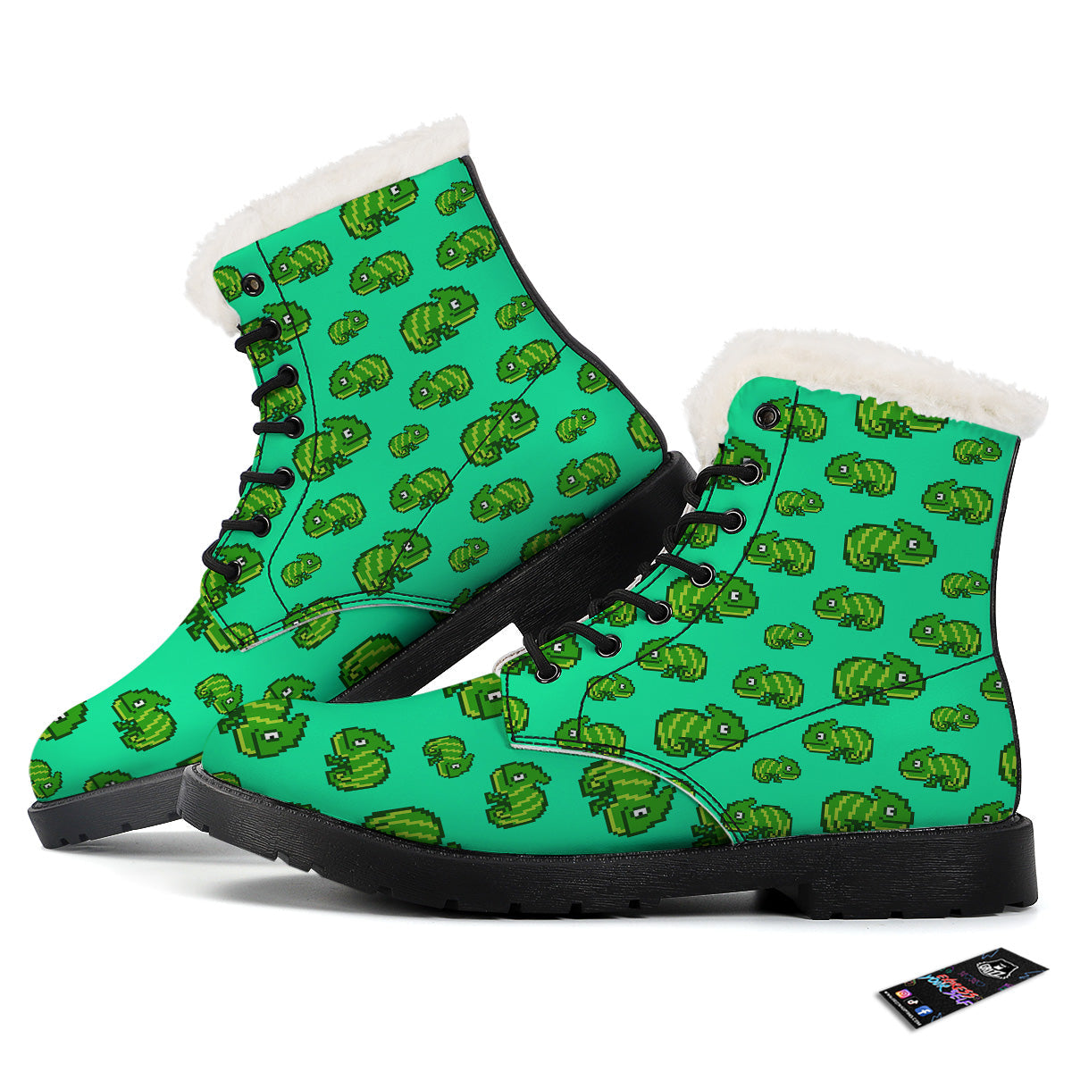 8 Bit Pixel Green Chameleons Print Pattern Winter Boots-grizzshop