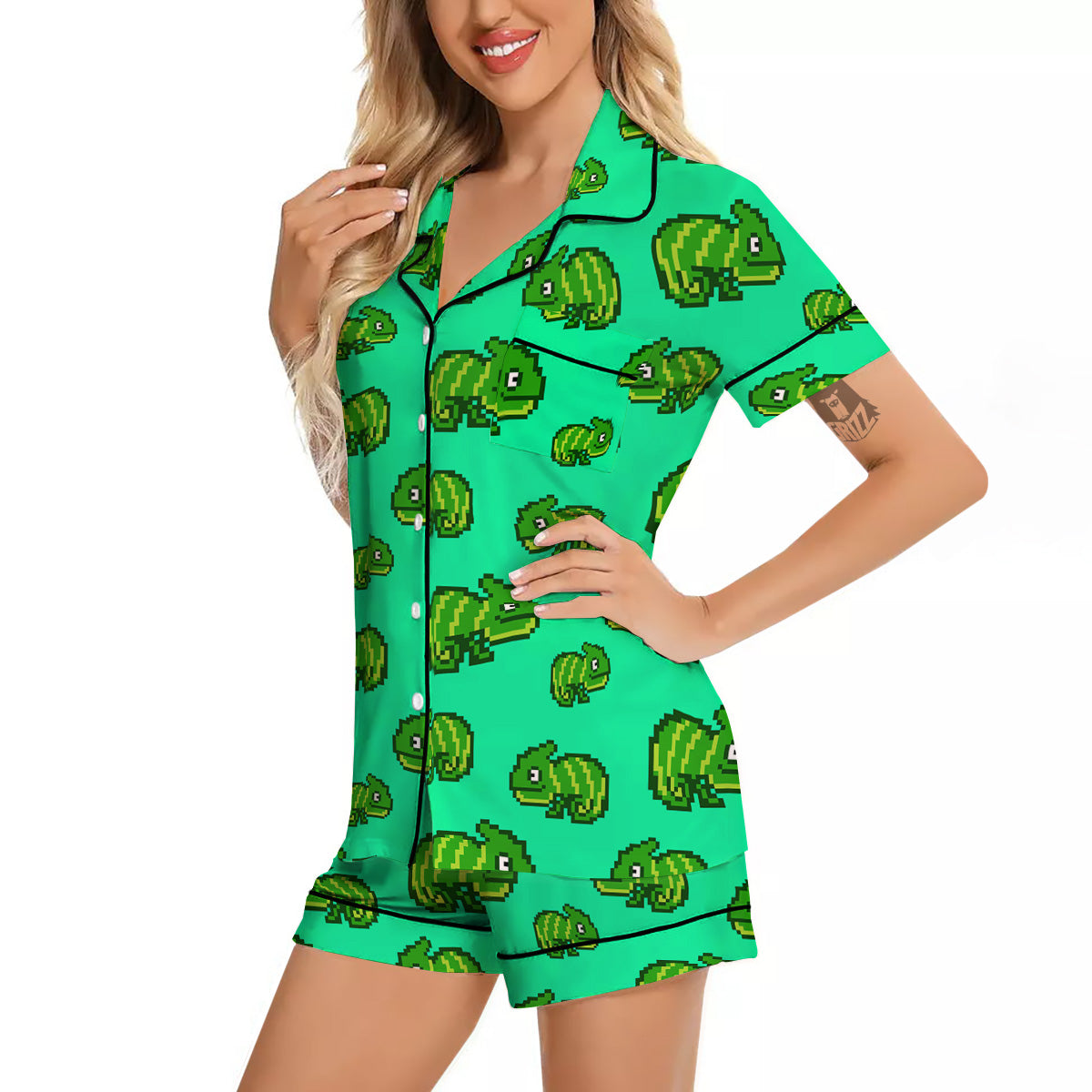 8 Bit Pixel Green Chameleons Print Pattern Women Silk Pajamas-grizzshop