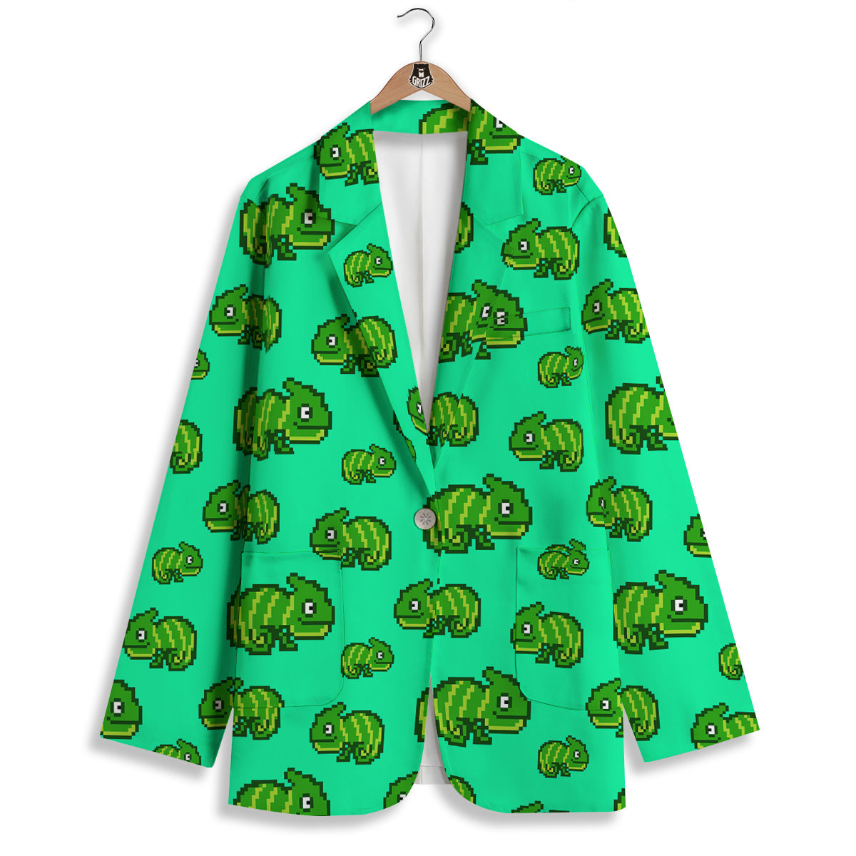8 Bit Pixel Green Chameleons Print Pattern Women's Blazer-grizzshop