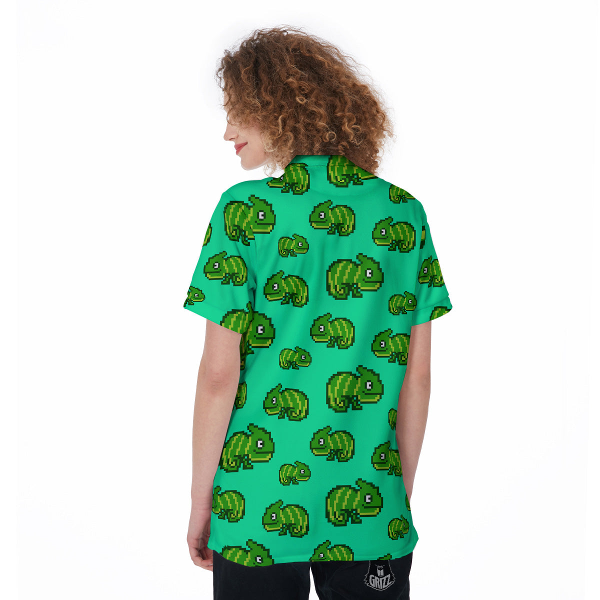 8 Bit Pixel Green Chameleons Print Pattern Women's Golf Shirts-grizzshop