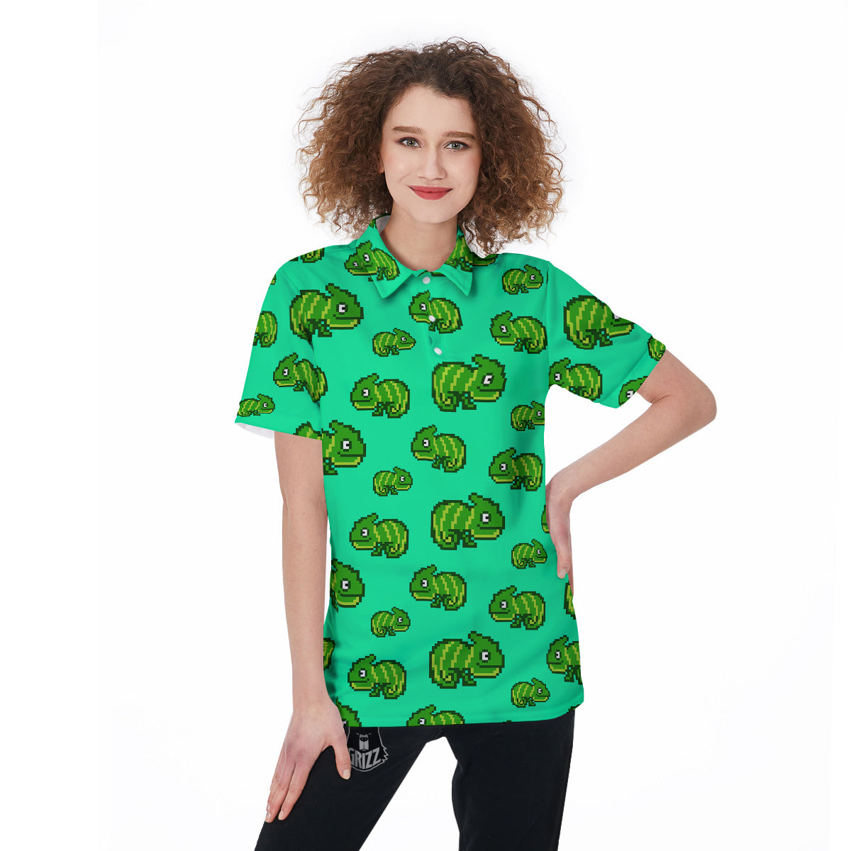 8 Bit Pixel Green Chameleons Print Pattern Women's Golf Shirts-grizzshop