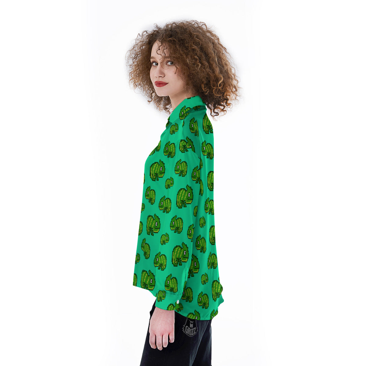 8 Bit Pixel Green Chameleons Print Pattern Women's Long Sleeve Shirts-grizzshop