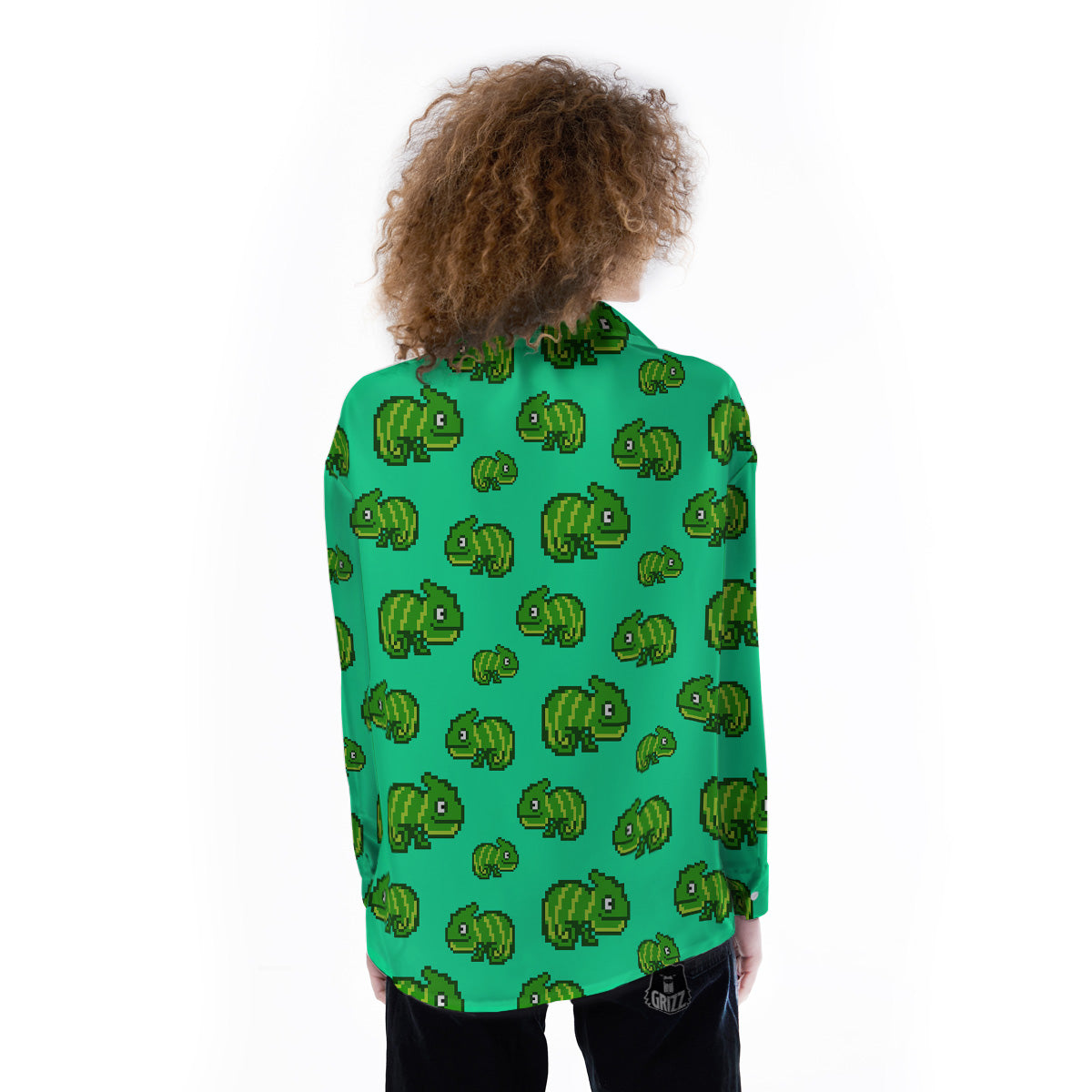 8 Bit Pixel Green Chameleons Print Pattern Women's Long Sleeve Shirts-grizzshop