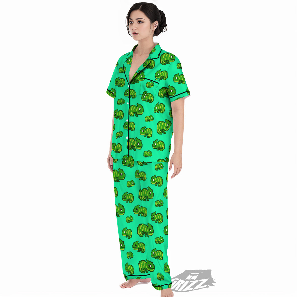 8 Bit Pixel Green Chameleons Print Pattern Women's Pajamas Set-grizzshop