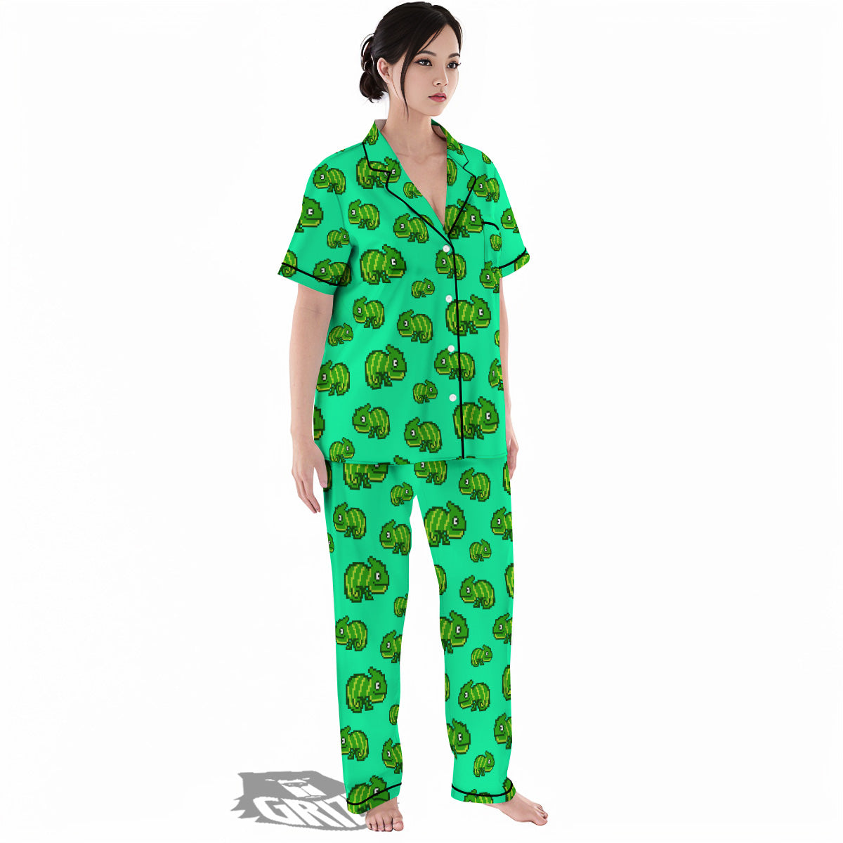 8 Bit Pixel Green Chameleons Print Pattern Women's Pajamas Set-grizzshop