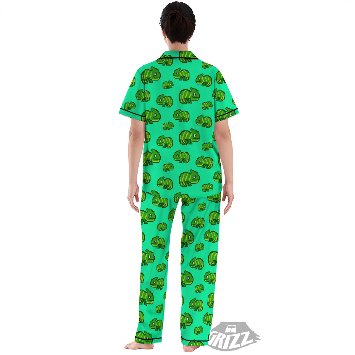 8 Bit Pixel Green Chameleons Print Pattern Women's Pajamas Set-grizzshop