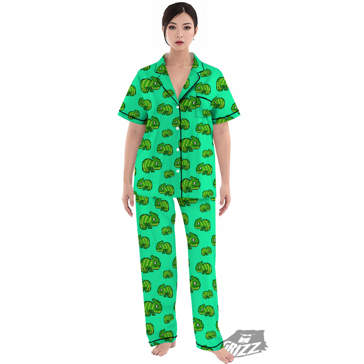8 Bit Pixel Green Chameleons Print Pattern Women's Pajamas Set-grizzshop