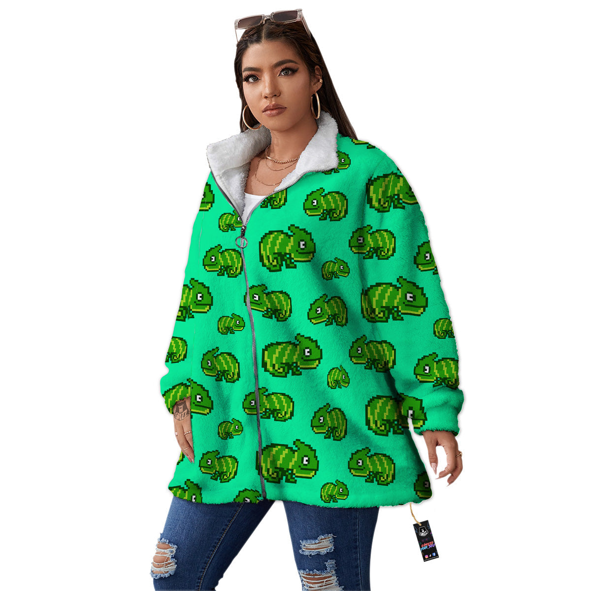 8 Bit Pixel Green Chameleons Print Pattern Women's Sherpa Jacket-grizzshop