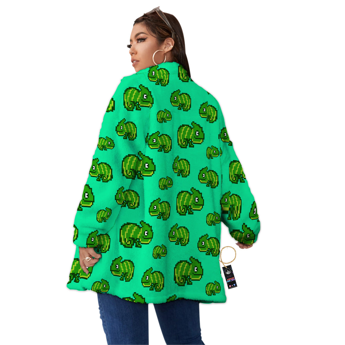 8 Bit Pixel Green Chameleons Print Pattern Women's Sherpa Jacket-grizzshop