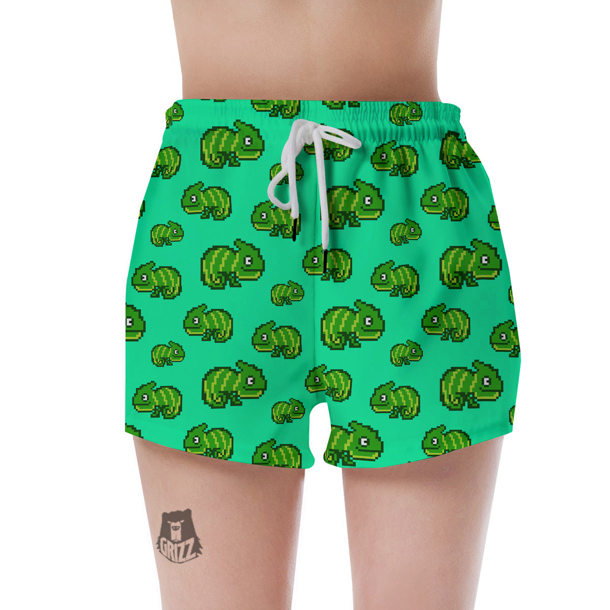 8 Bit Pixel Green Chameleons Print Pattern Women's Shorts-grizzshop