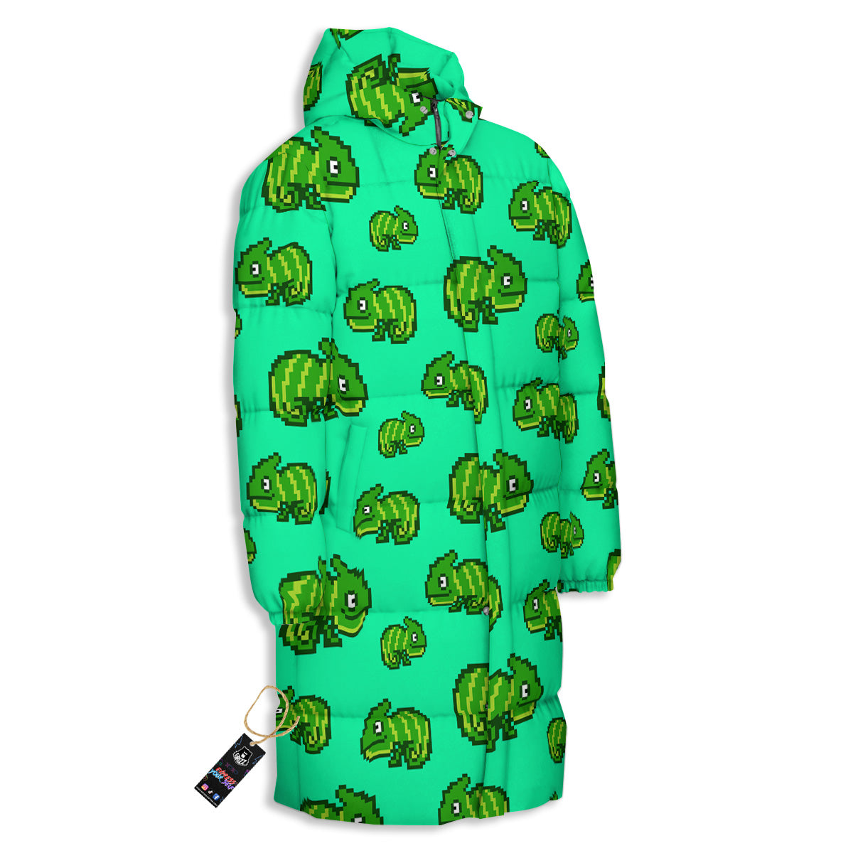 8 Bit Pixel Green Chameleons Print Pattern Long Down Jacket