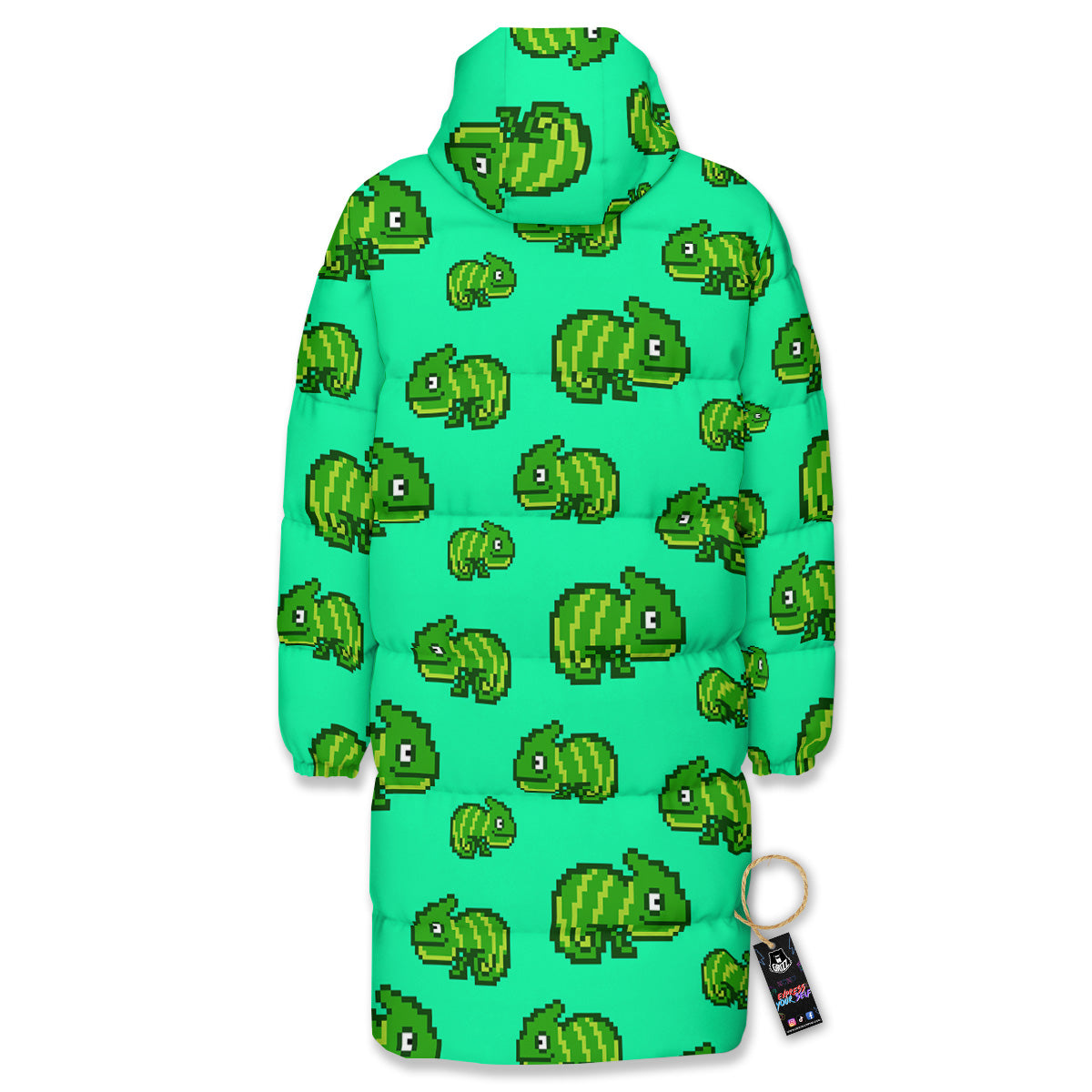 8 Bit Pixel Green Chameleons Print Pattern Long Down Jacket