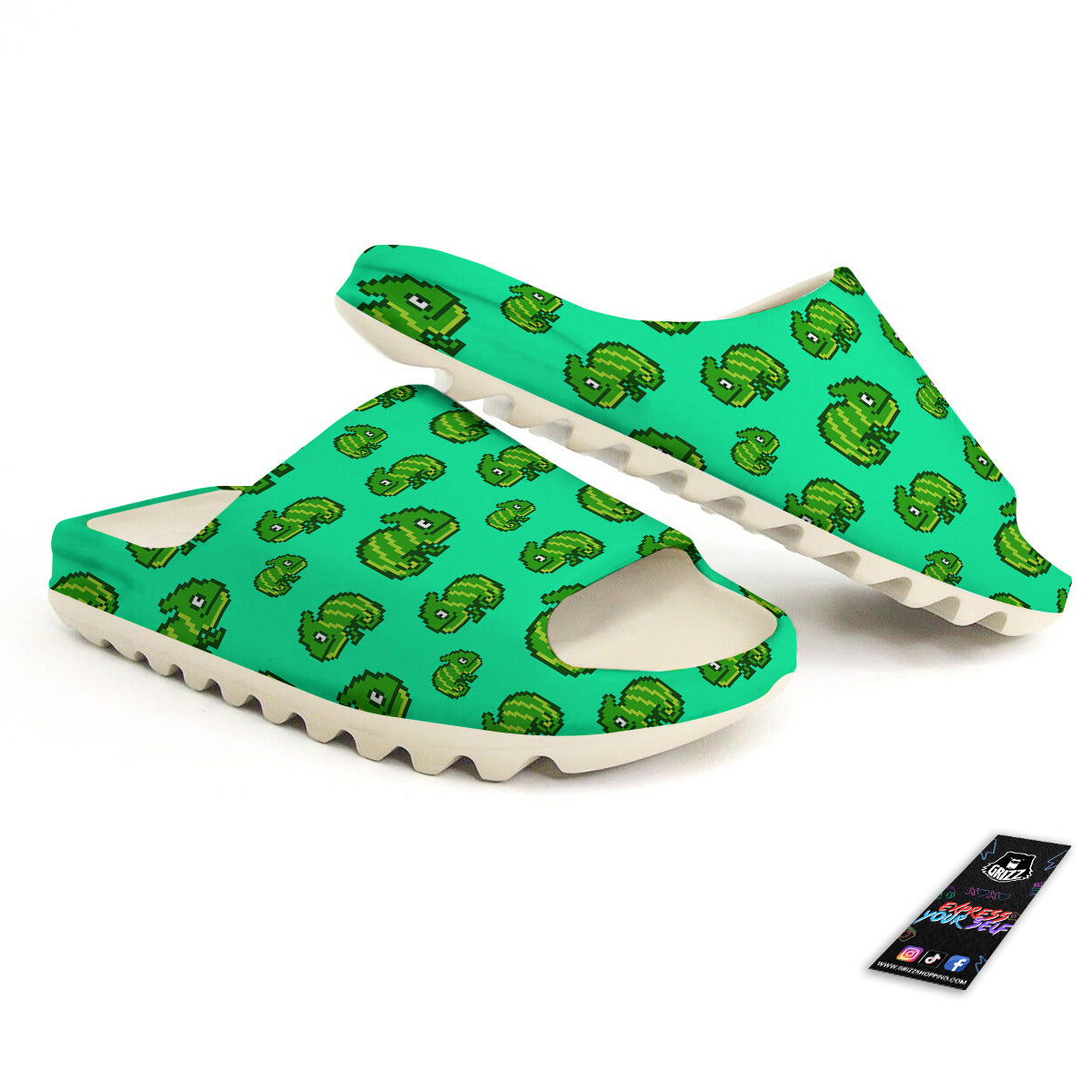 8 Bit Pixel Green Chameleons Print Pattern Sandals-grizzshop