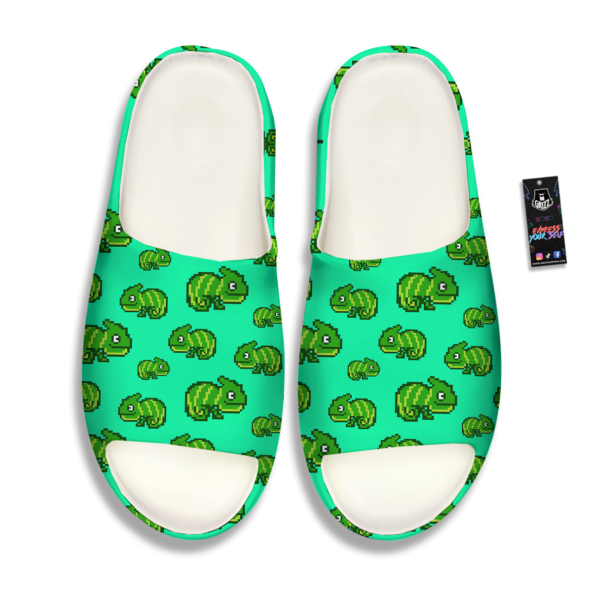 8 Bit Pixel Green Chameleons Print Pattern Sandals-grizzshop