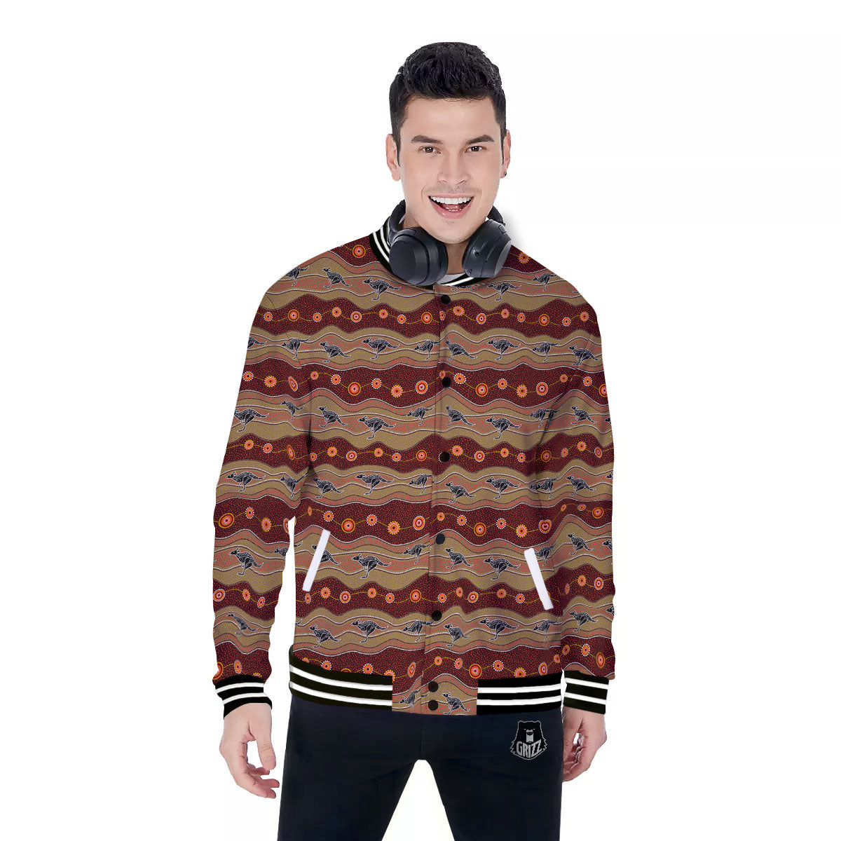 Aboriginal Australian Kangaroo Print Baseball Jacket-grizzshop