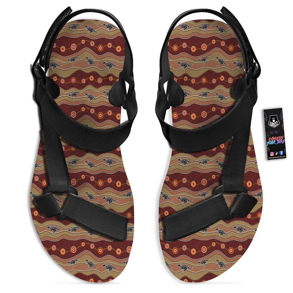 Aboriginal Australian Kangaroo Print Black Open Toe Sandals-grizzshop