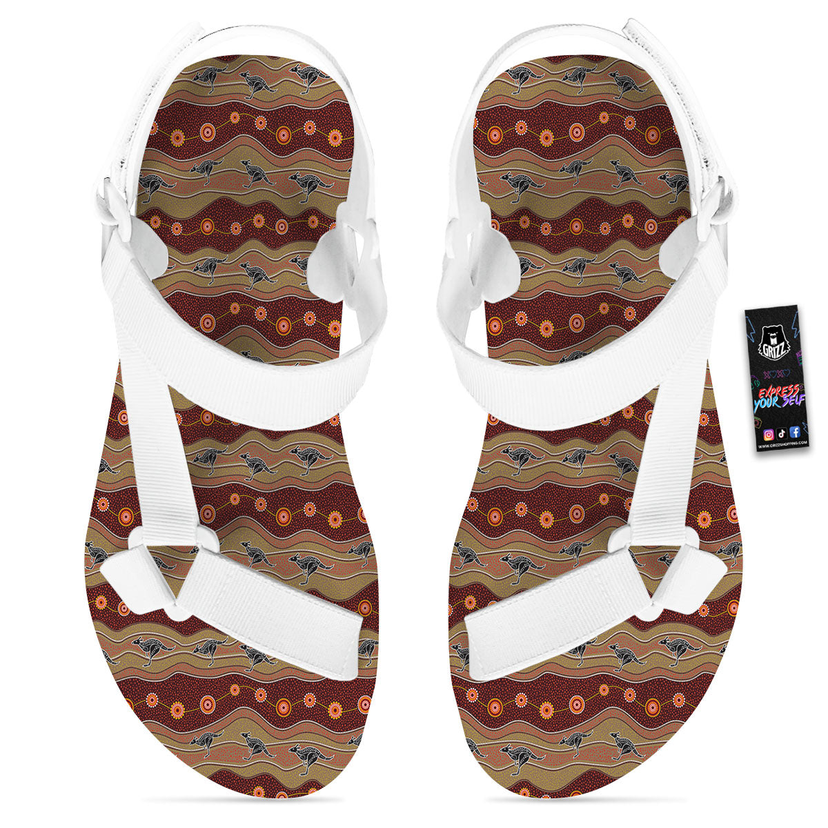 Aboriginal Australian Kangaroo Print White Open Toe Sandals-grizzshop