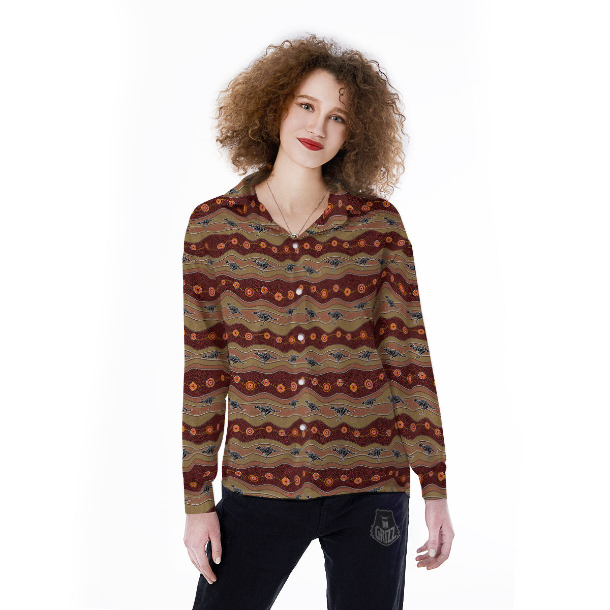 Aboriginal Australian Kangaroo Print Women's Long Sleeve Shirts-grizzshop