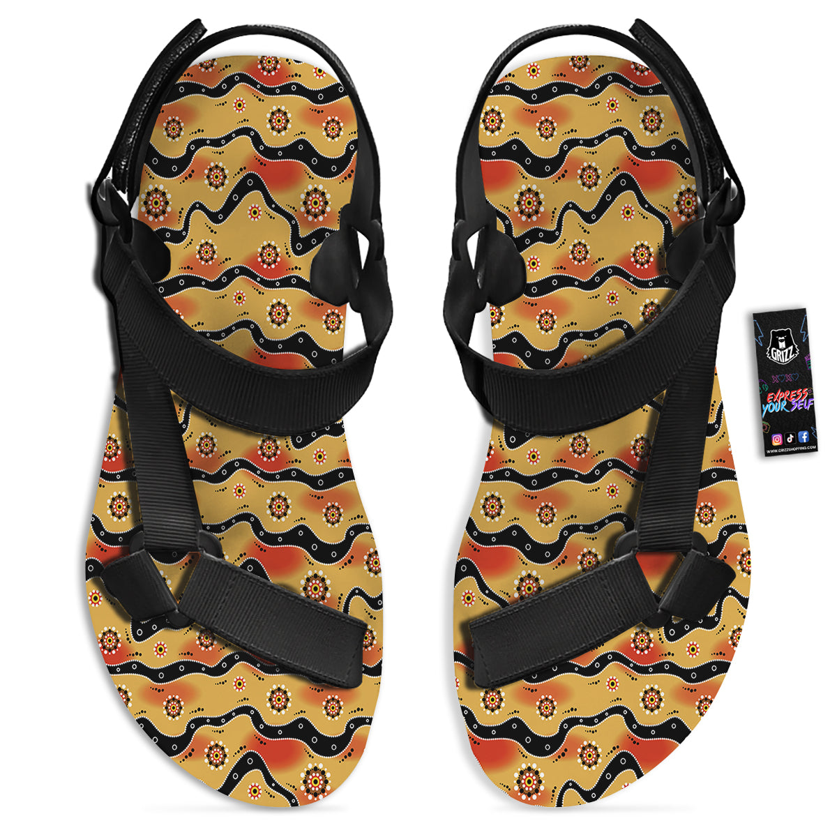 Aboriginal Australian Print Pattern Black Open Toe Sandals-grizzshop