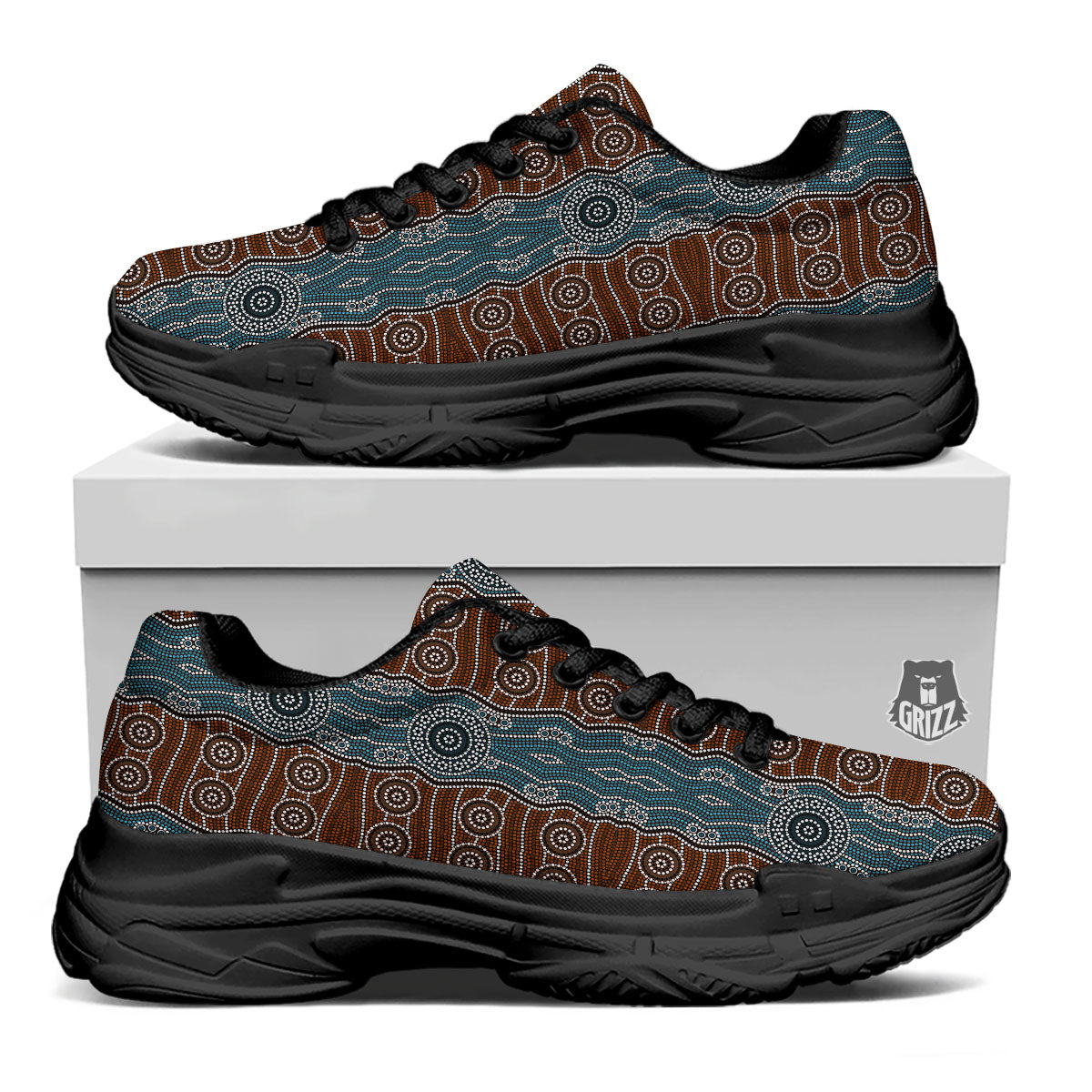 Aboriginal Dot Australia River Print Black Chunky Shoes-grizzshop