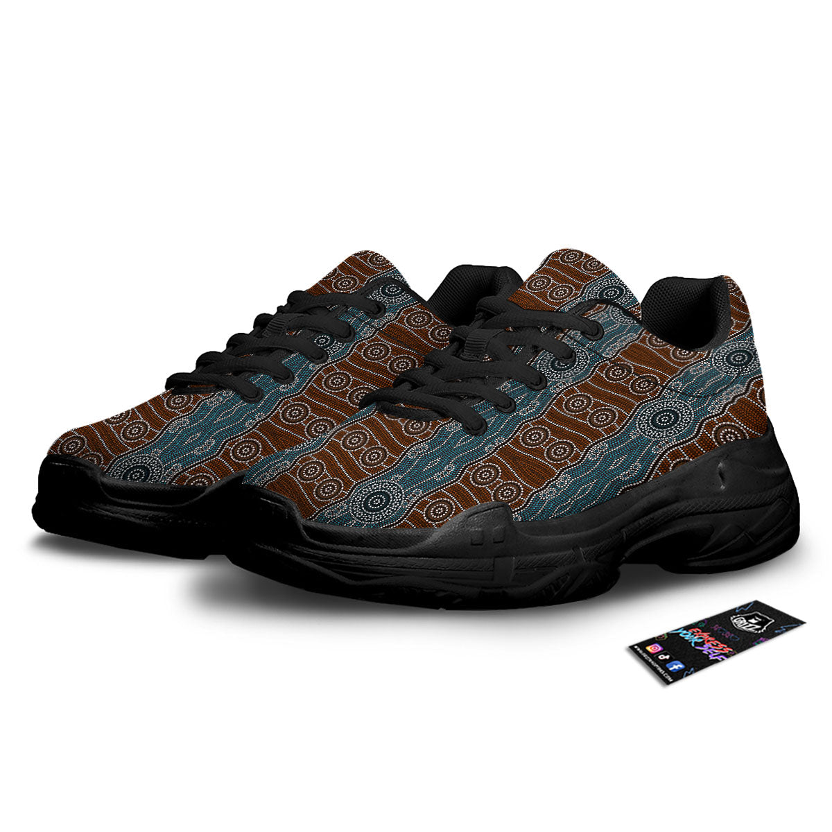 Aboriginal Dot Australia River Print Black Chunky Shoes-grizzshop