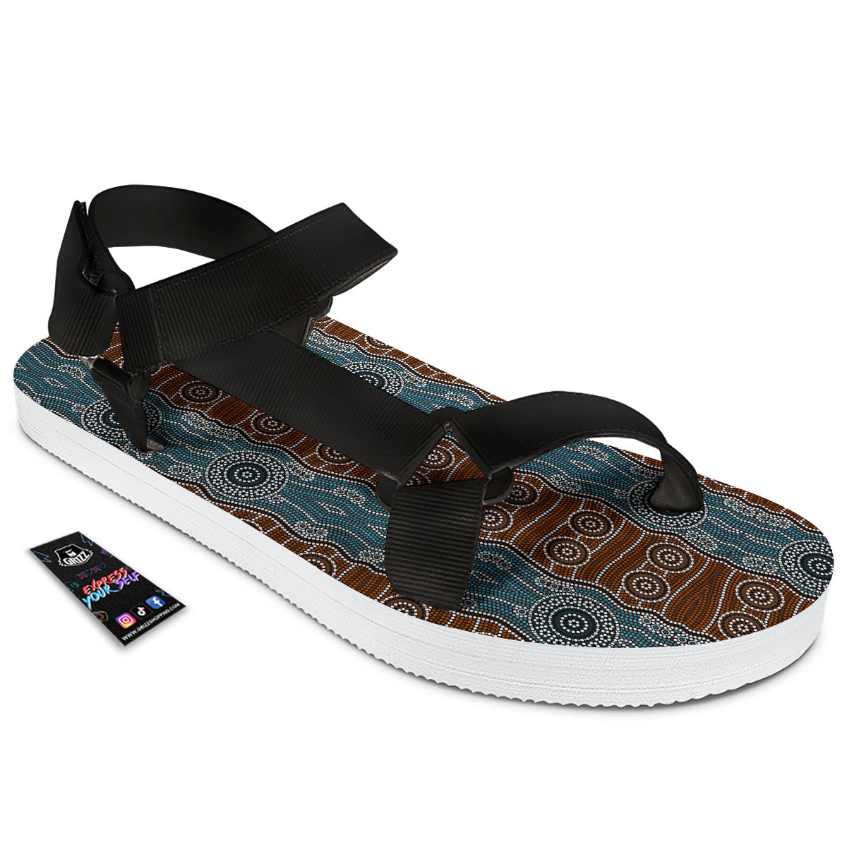 Aboriginal Dot Australia River Print Black Open Toe Sandals-grizzshop