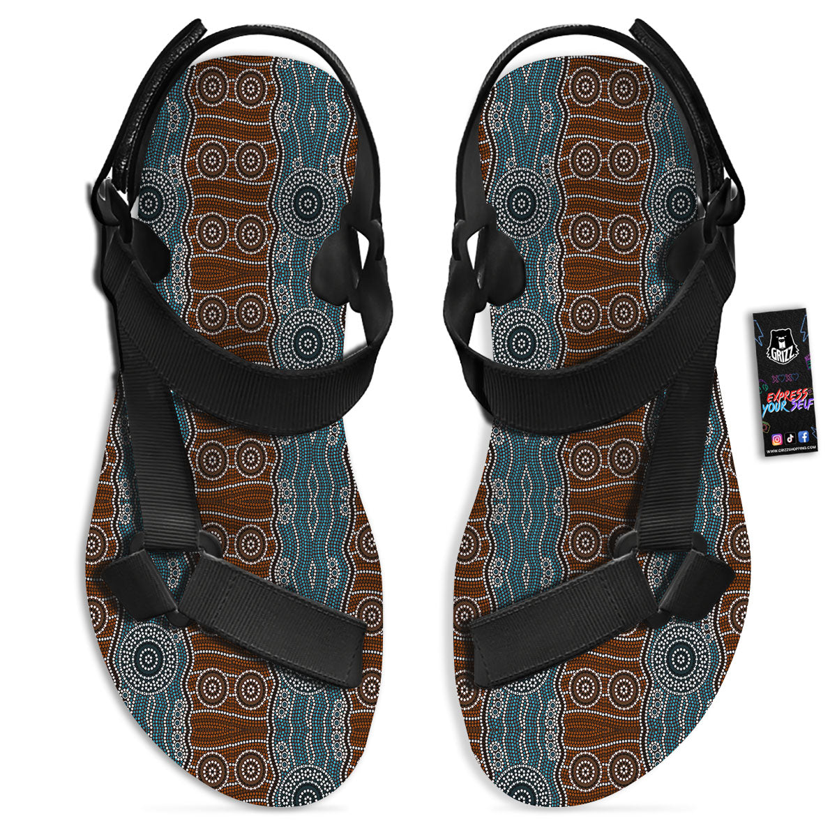 Aboriginal Dot Australia River Print Black Open Toe Sandals-grizzshop