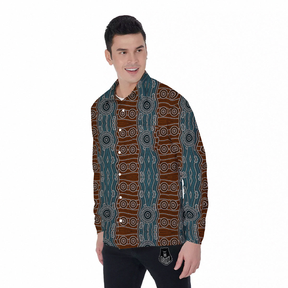 Aboriginal Dot Australia River Print Men's Long Sleeve Shirts-grizzshop