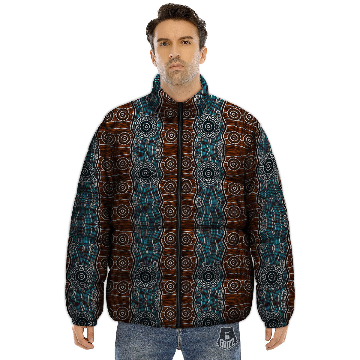 Aboriginal Dot Australia River Print Puffer Jacket-grizzshop