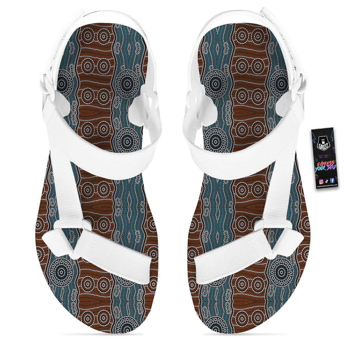 Aboriginal Dot Australia River Print White Open Toe Sandals-grizzshop