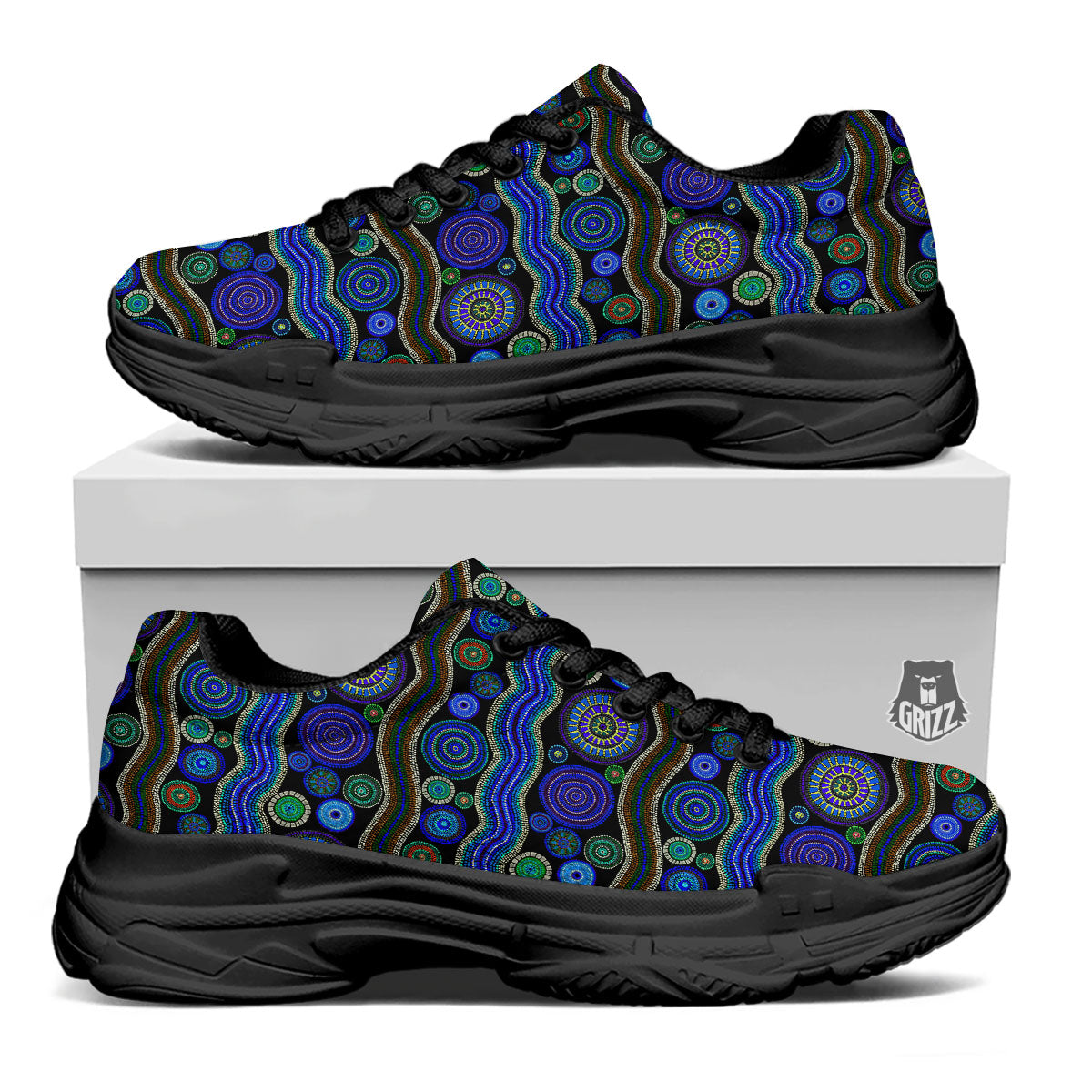 Aboriginal Dot Australian Print Black Chunky Shoes-grizzshop