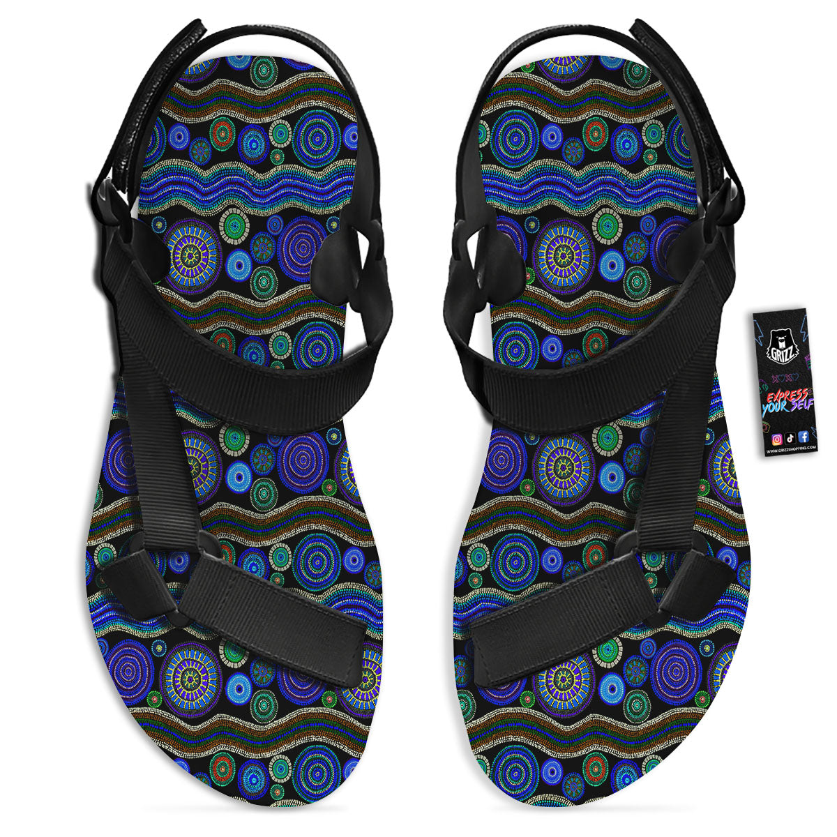 Aboriginal Dot Australian Print Black Open Toe Sandals-grizzshop
