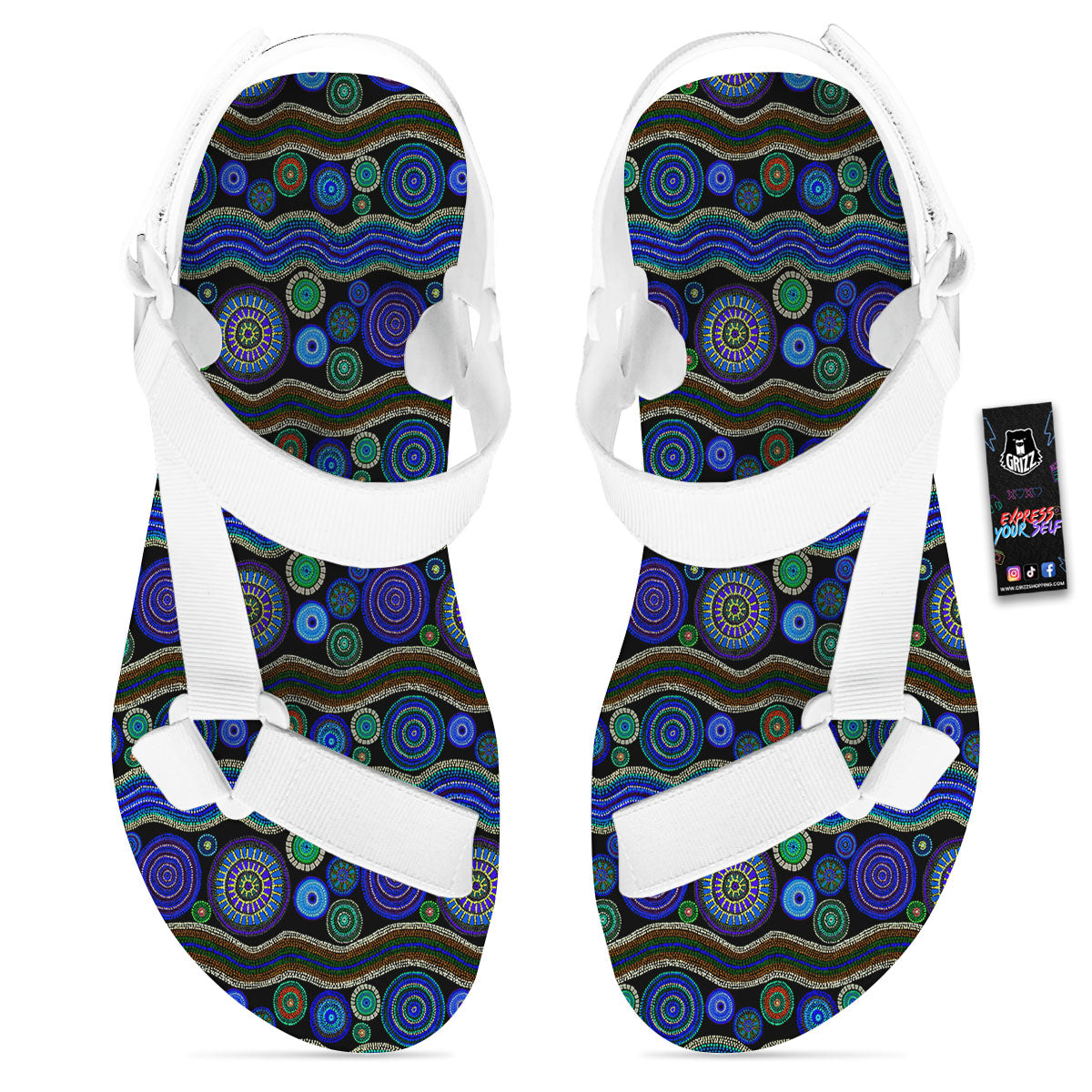 Aboriginal Dot Australian Print White Open Toe Sandals-grizzshop