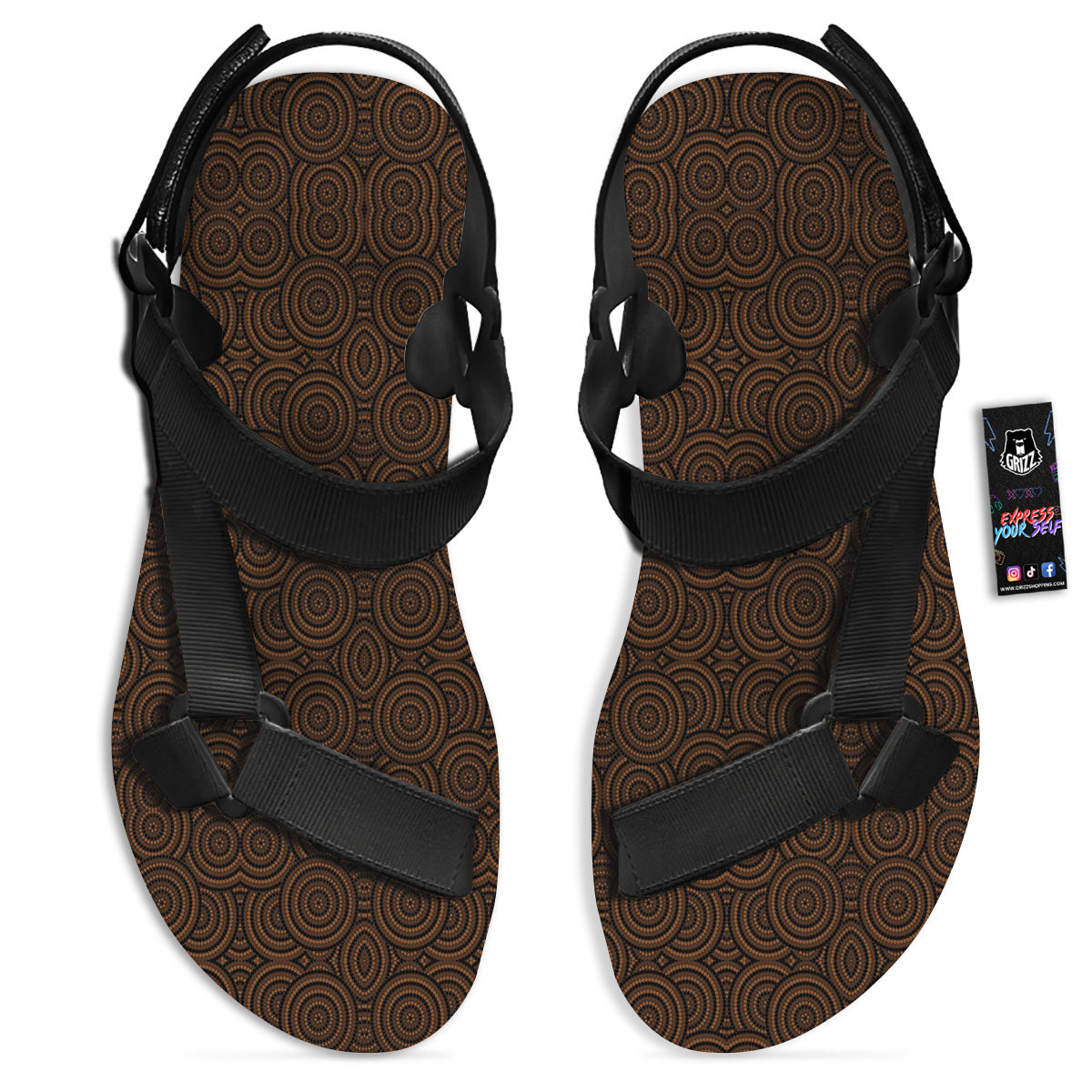 Aboriginal Dot Brown Print Pattern Black Open Toe Sandals-grizzshop