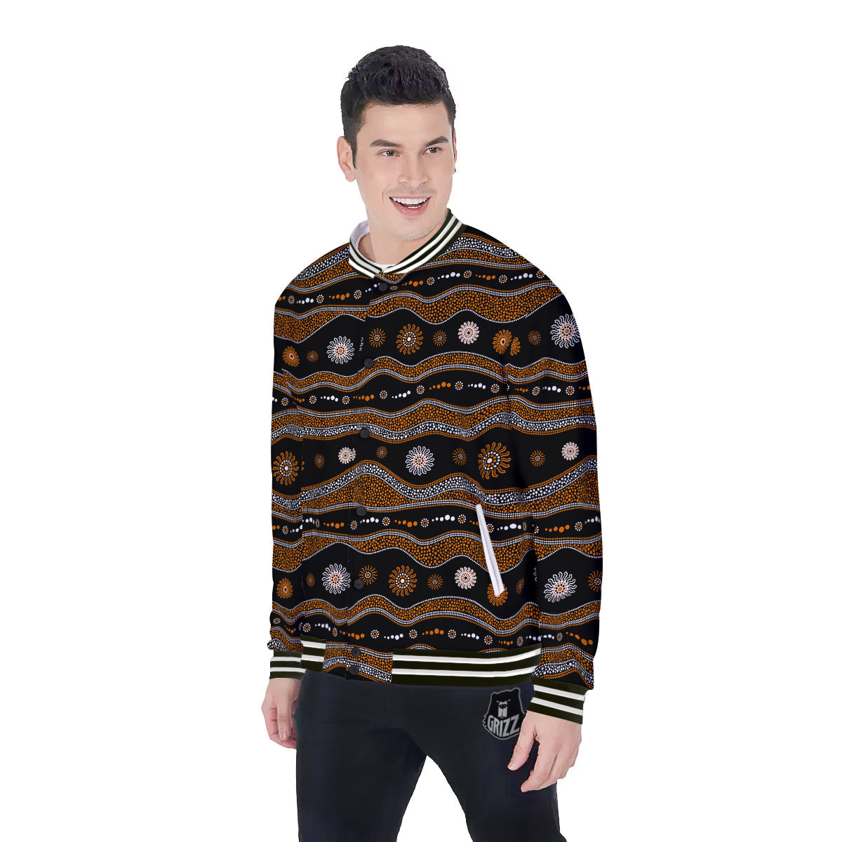Aboriginal Orange And White Art Print Pattern Baseball Jacket-grizzshop
